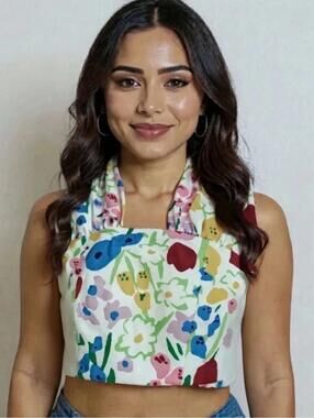 Floral Crop  Halter Twist Top Halter Back Scrunch Cottage Fairy Feminine